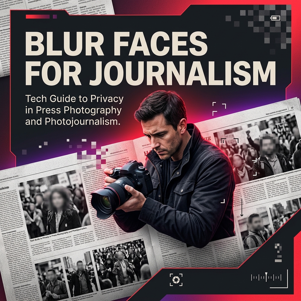 Journalist with camera — face blur guide for press photography